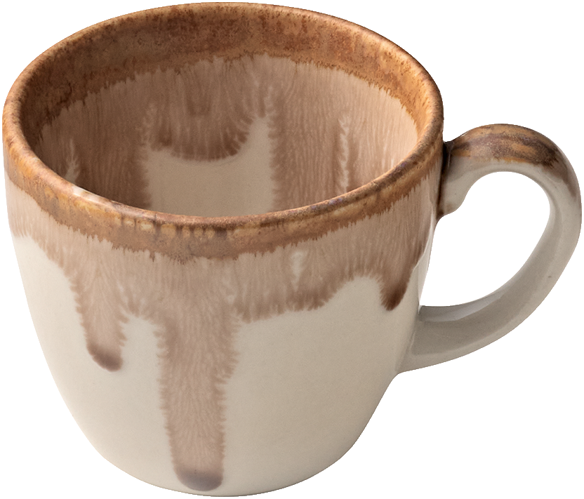 Keramiktasse mit braunem Rand.
