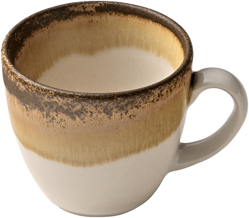 Keramiktasse mit braunem Rand.