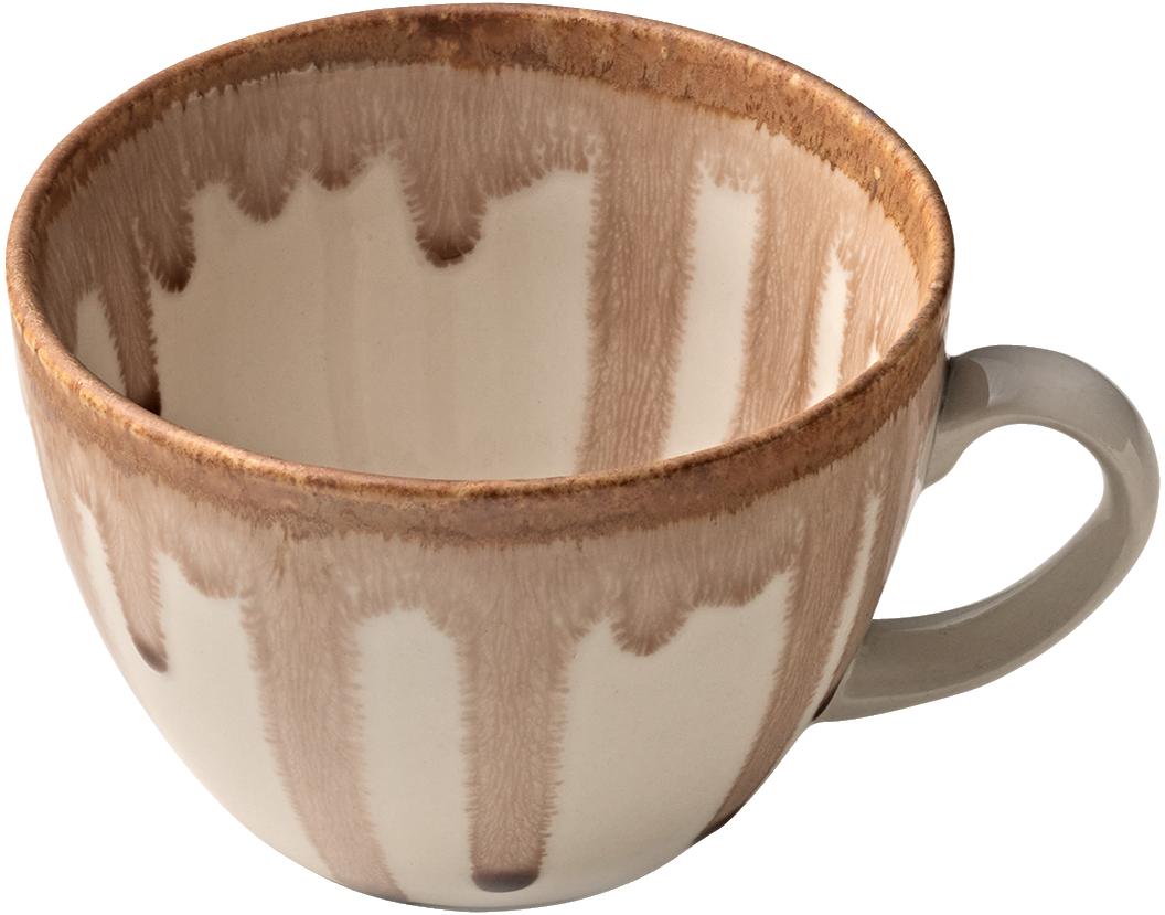 Beige Tasse mit braunem Muster.
