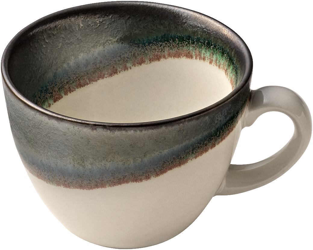 Keramiktasse mit farbigem Rand.