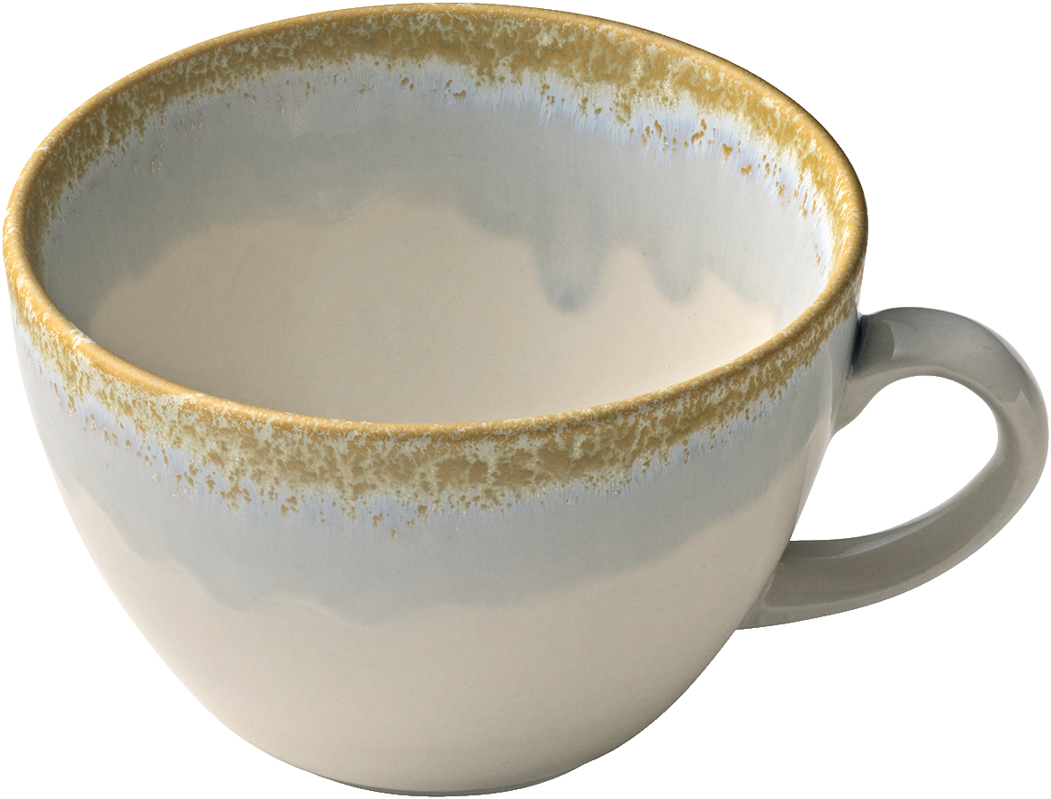 Keramiktasse mit blauem Rand.