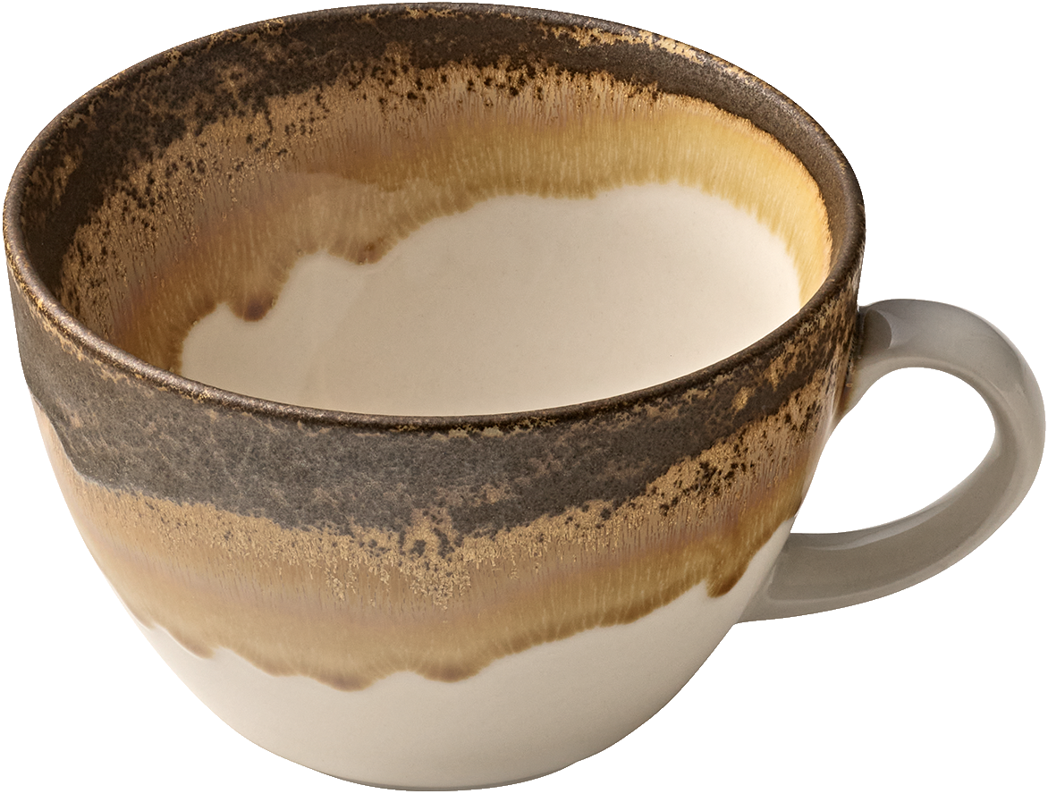 Keramiktasse mit braunem Rand.