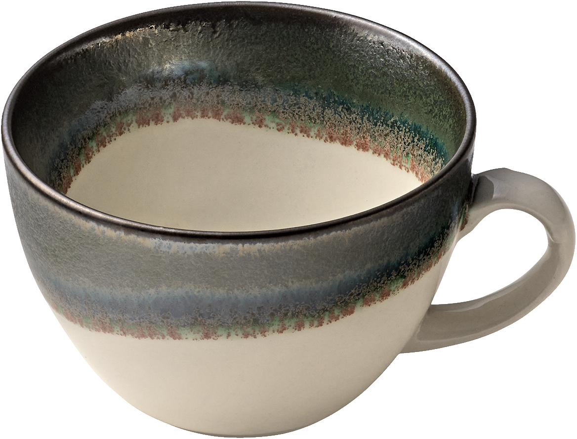 Keramiktasse mit farbigem Rand.