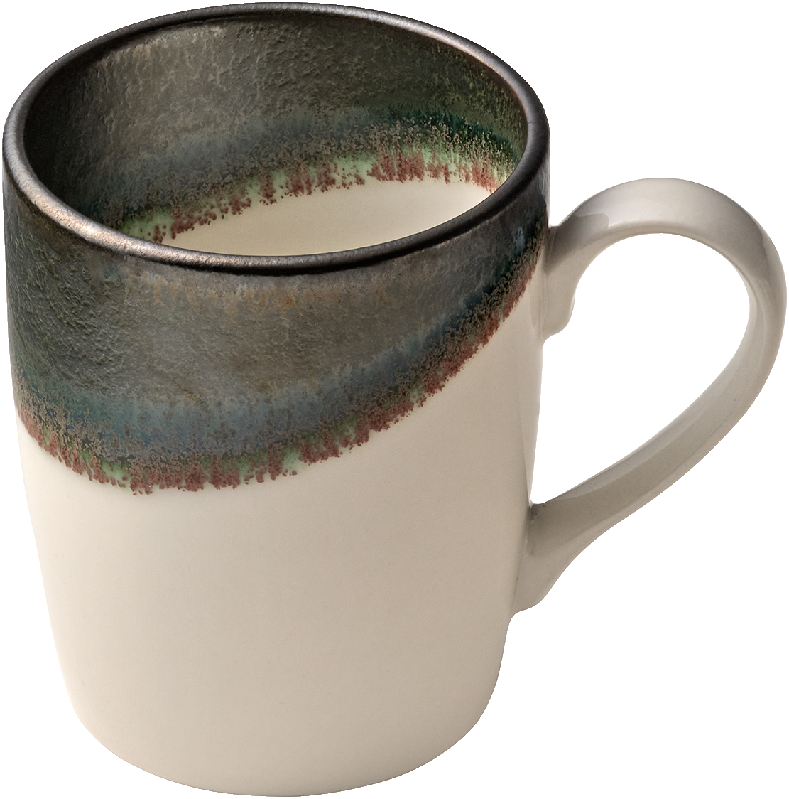 Keramiktasse mit farbigem Rand.