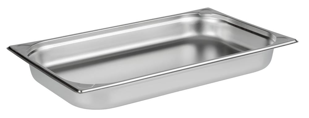 Edelstahl-Gastronormbehälter, rechteckig, silber.
