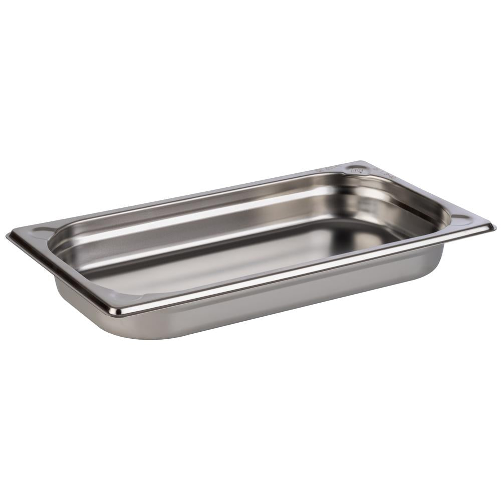 Edelstahl-Gastronormbehälter, rechteckig, silber.