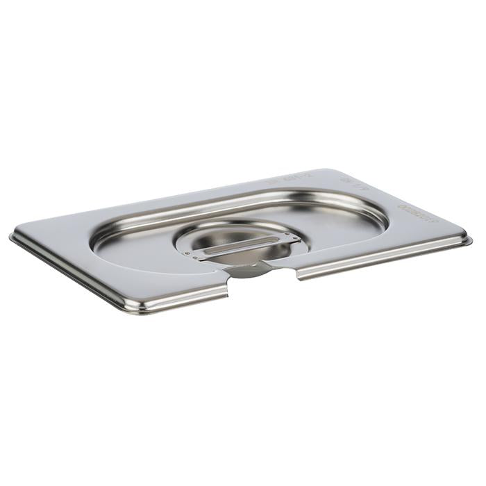 Edelstahl-Gastronorm-Behälterdeckel mit Aussparung.