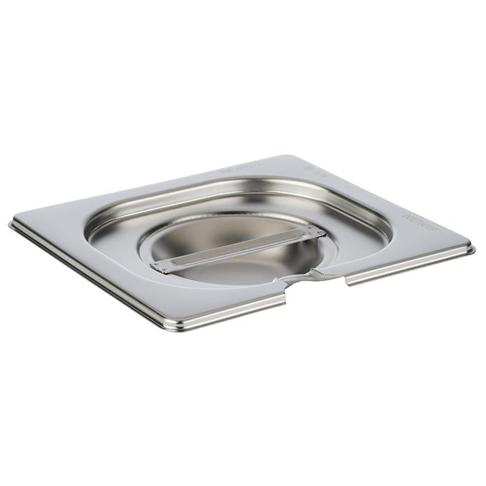 Edelstahl-Deckel mit Löffelaussparung.