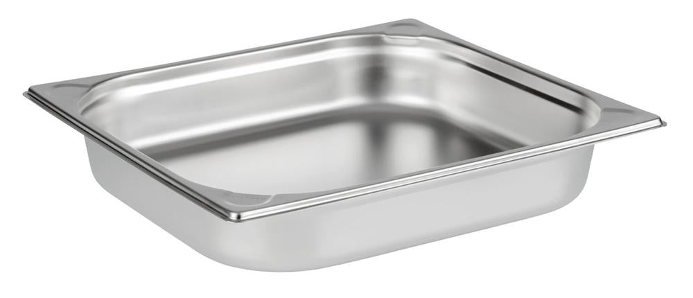 Edelstahl-Gastronormbehälter, rechteckig, leer.