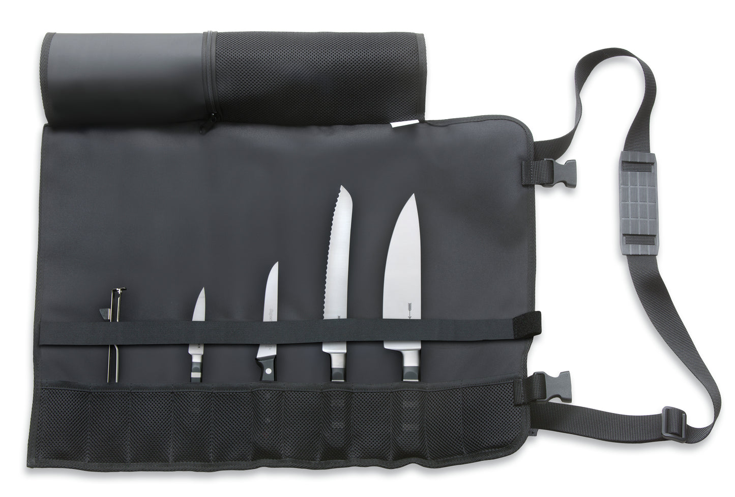 Messerset in einer Rolltasche.