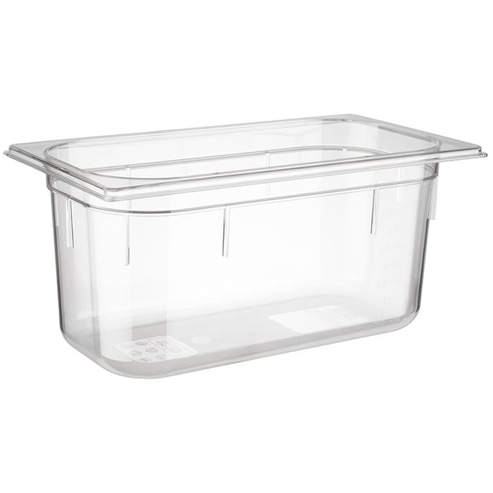 Transparente GN-Behälter aus Kunststoff.