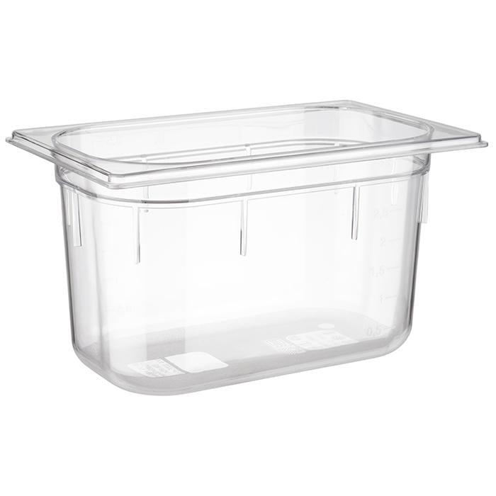 Transparenter GN-Behälter aus Kunststoff.