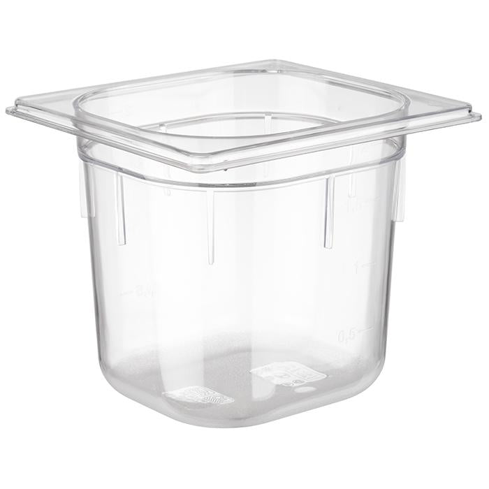 Transparenter GN-Behälter aus Kunststoff.