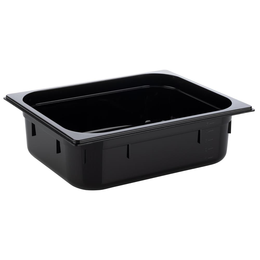 Schwarze GN-Behälter aus Kunststoff.