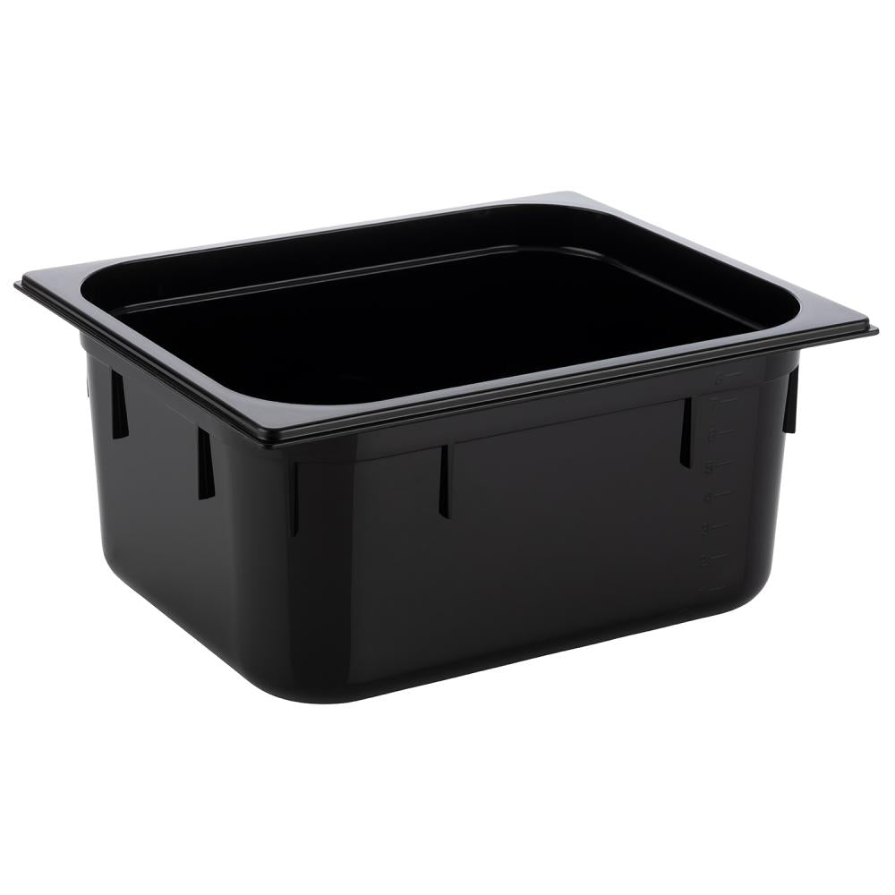 Schwarze GN-Behälter aus Kunststoff.
