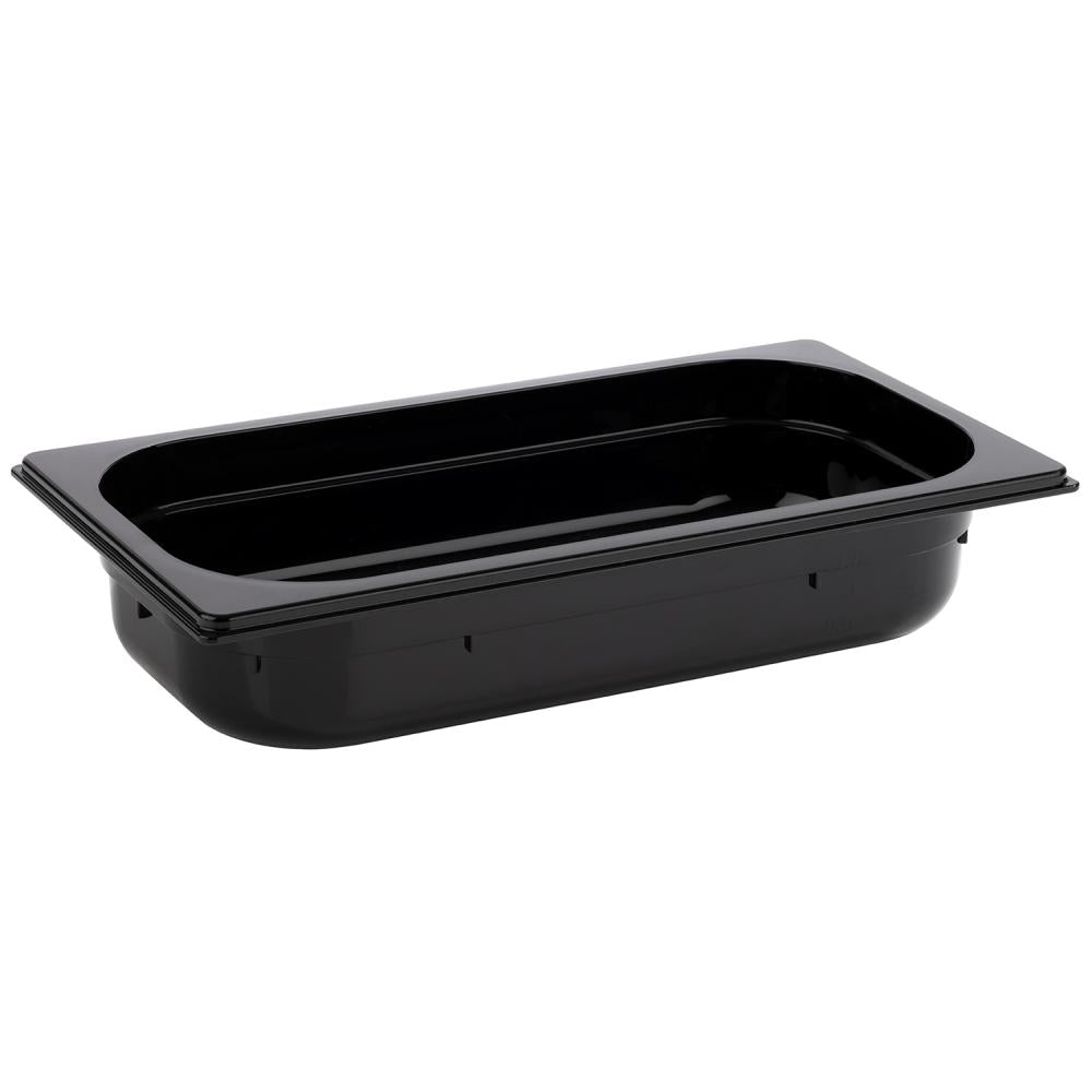 Schwarze GN-Behälter aus Kunststoff.