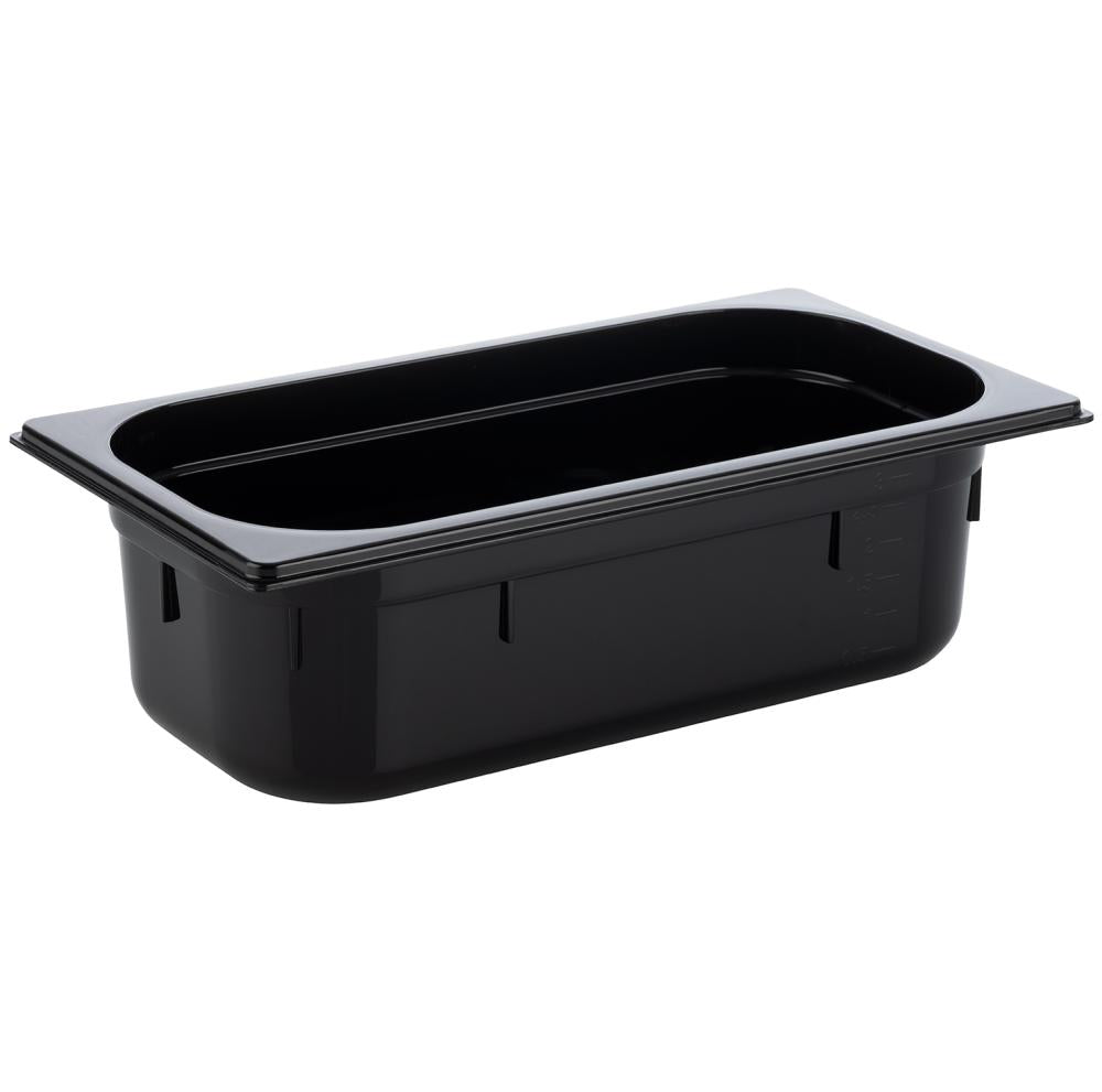Schwarze GN-Behälter aus Kunststoff.