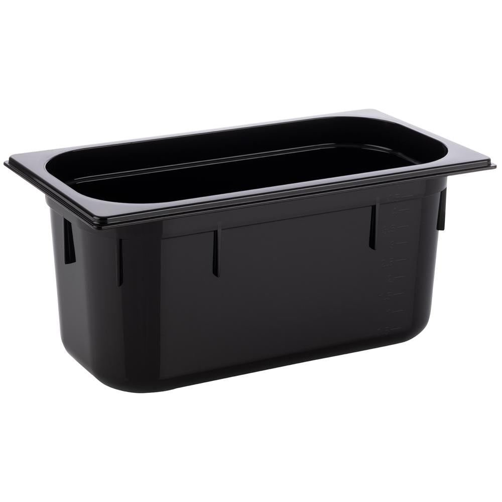 Schwarze GN-Behälter aus Kunststoff.