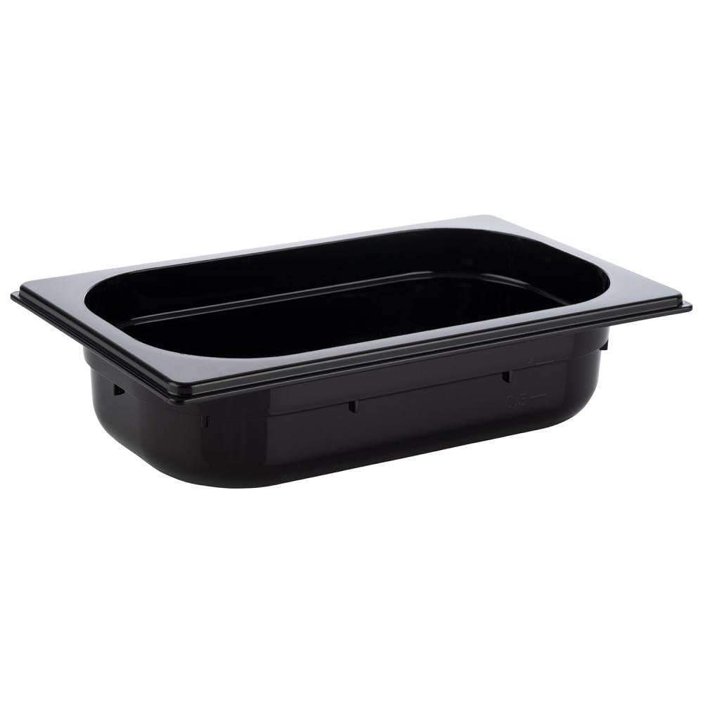 Schwarze GN-Behälter aus Kunststoff.