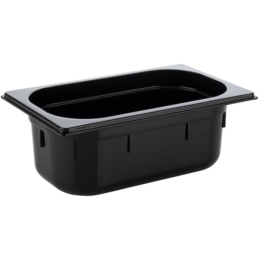 Schwarze GN-Behälter aus Kunststoff.