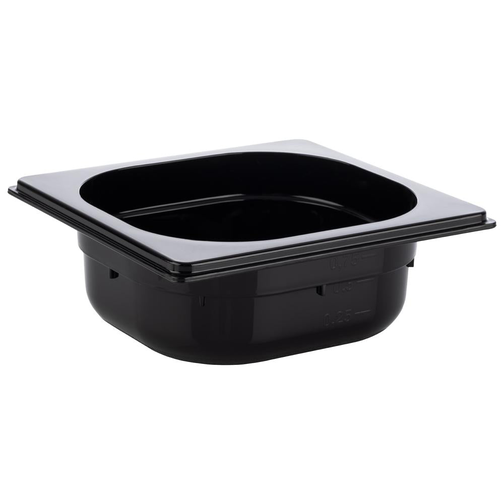 Schwarze GN-Behälter aus Kunststoff.
