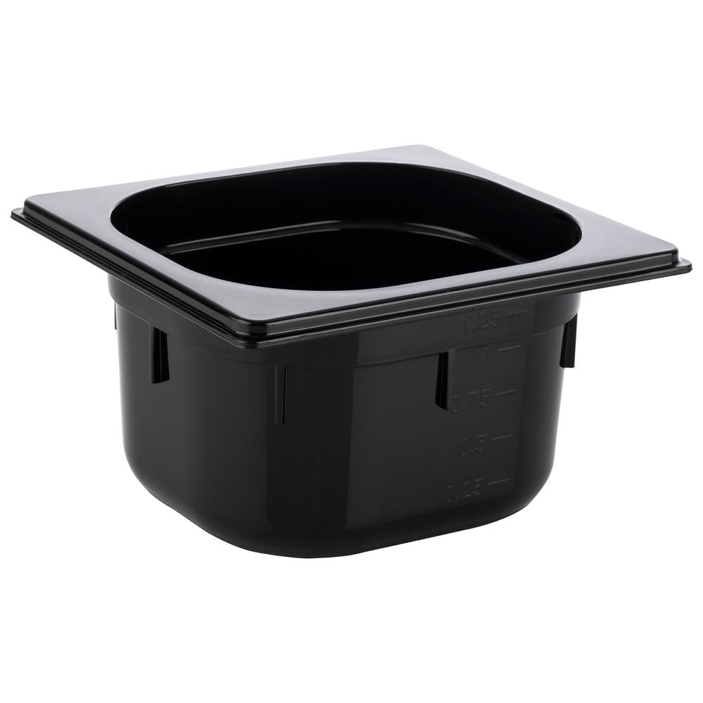 Schwarze GN-Behälter aus Kunststoff.