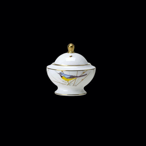 Porzellanschale mit Vogelmotiv und Deckel.