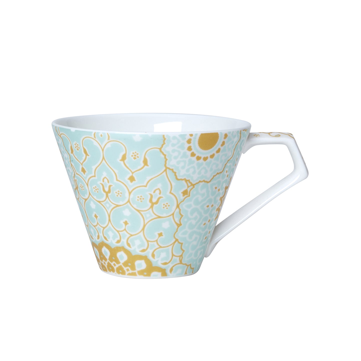 Tasse mit blau-goldenem Muster.
