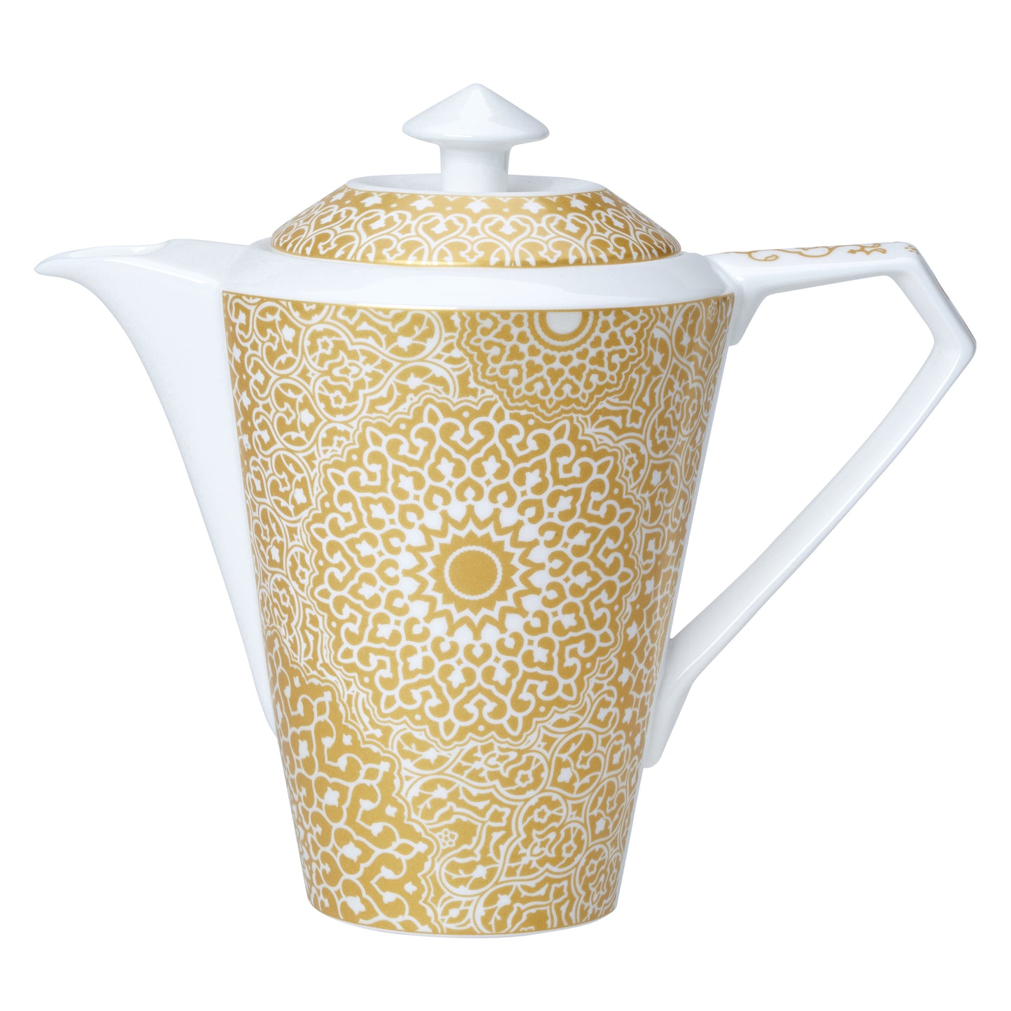 Kaffeekanne mit goldenen Mustern.