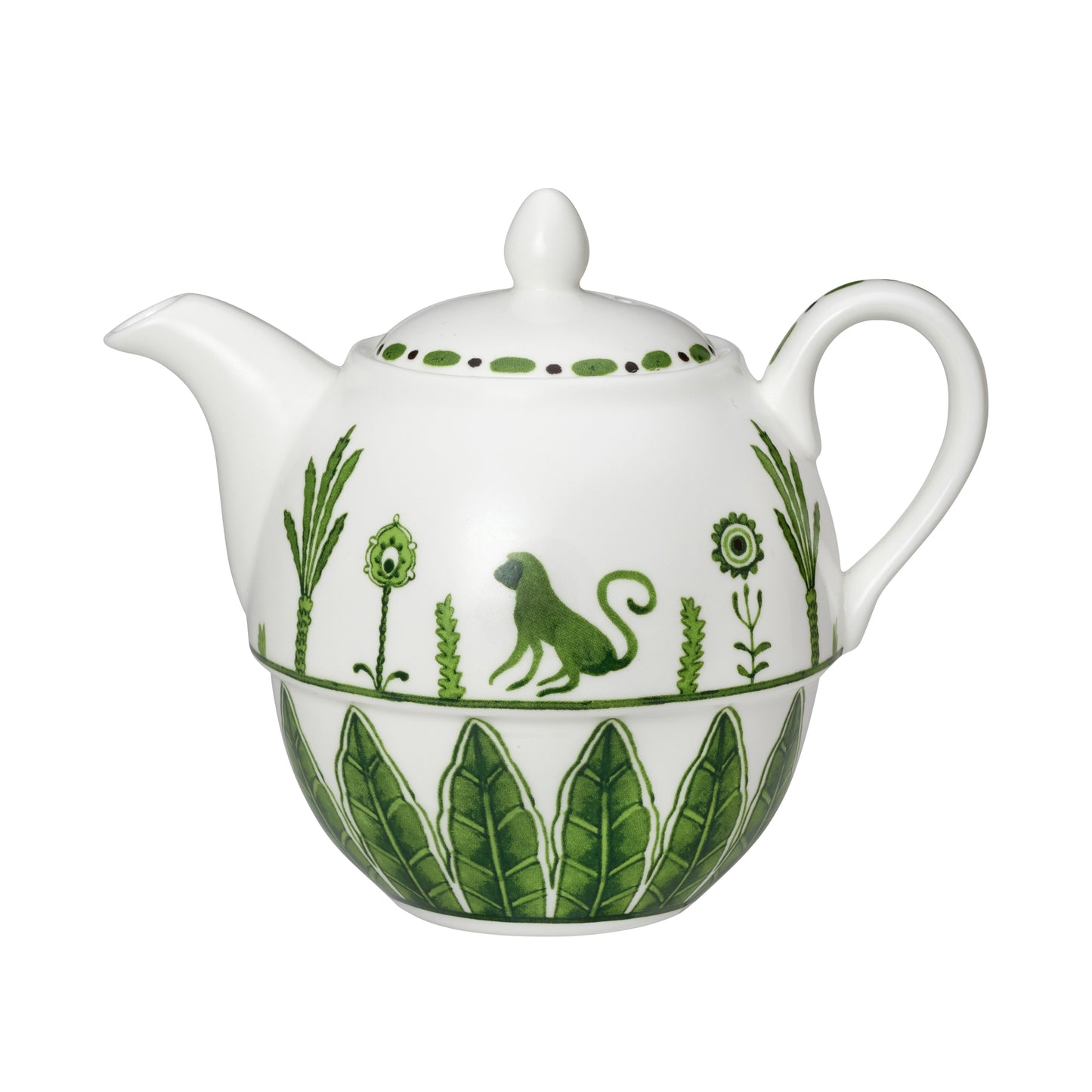 Teekanne mit grünem Pflanzenmuster.