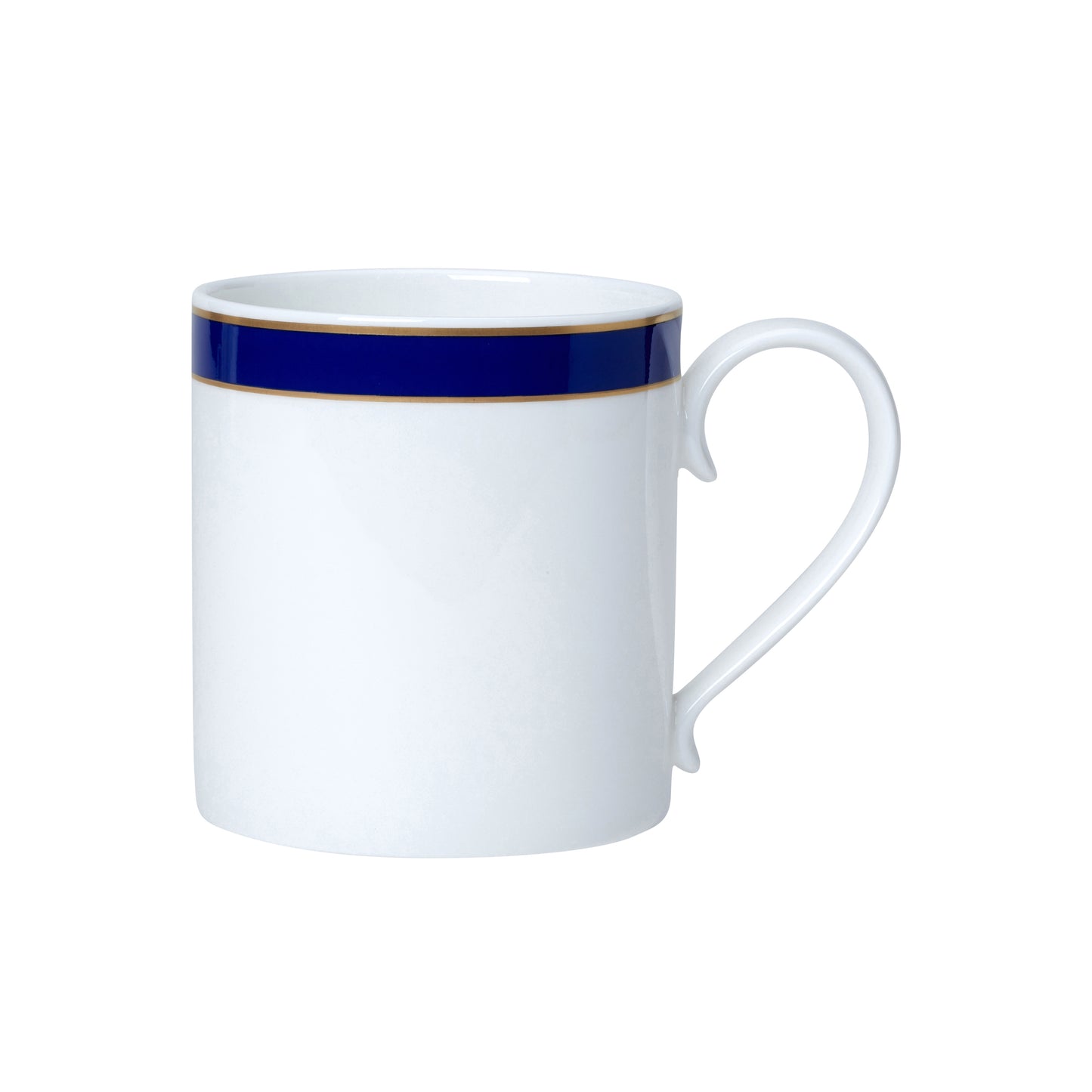 Weiße Tasse mit blauem Rand.