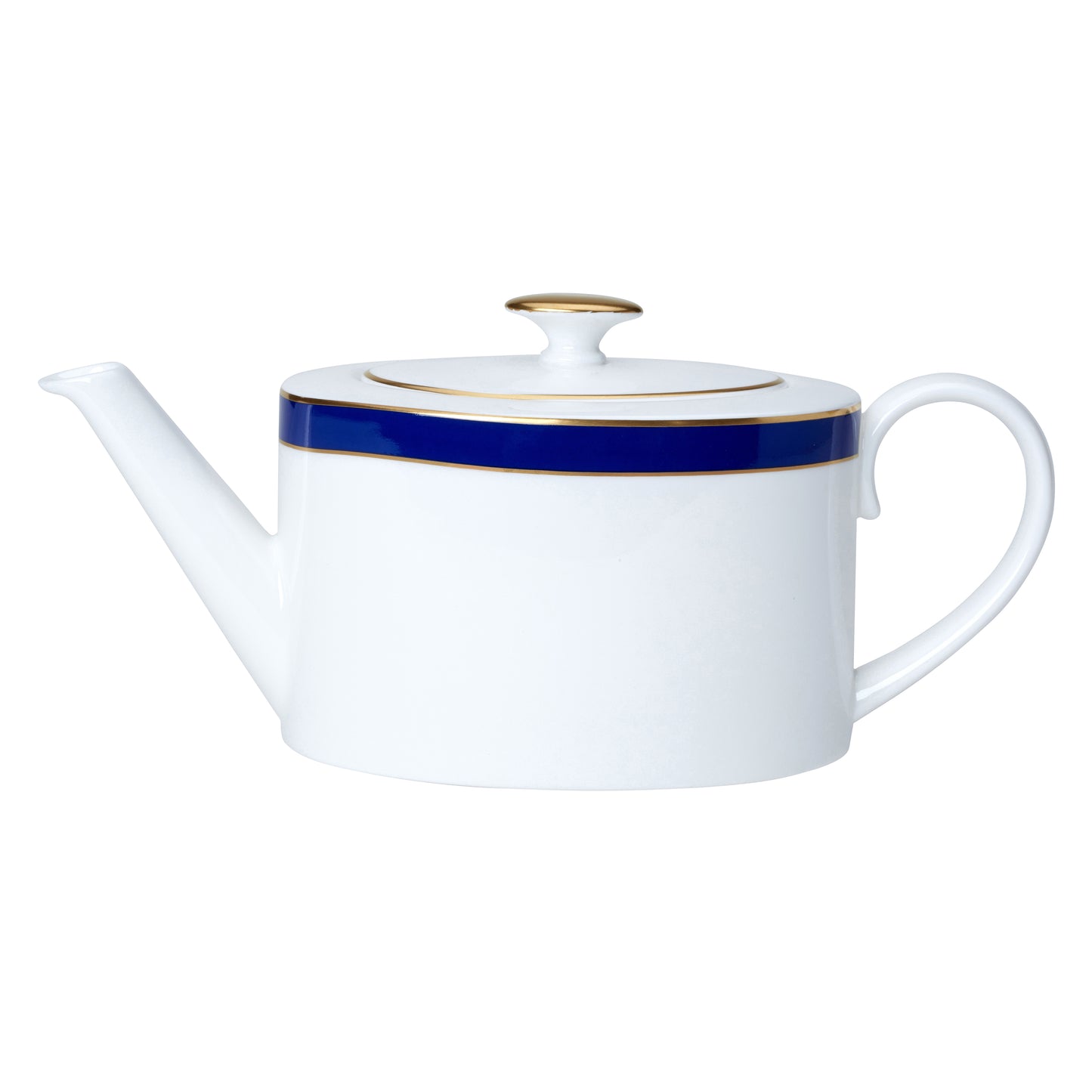 Weiße Teekanne mit blauem Streifen.