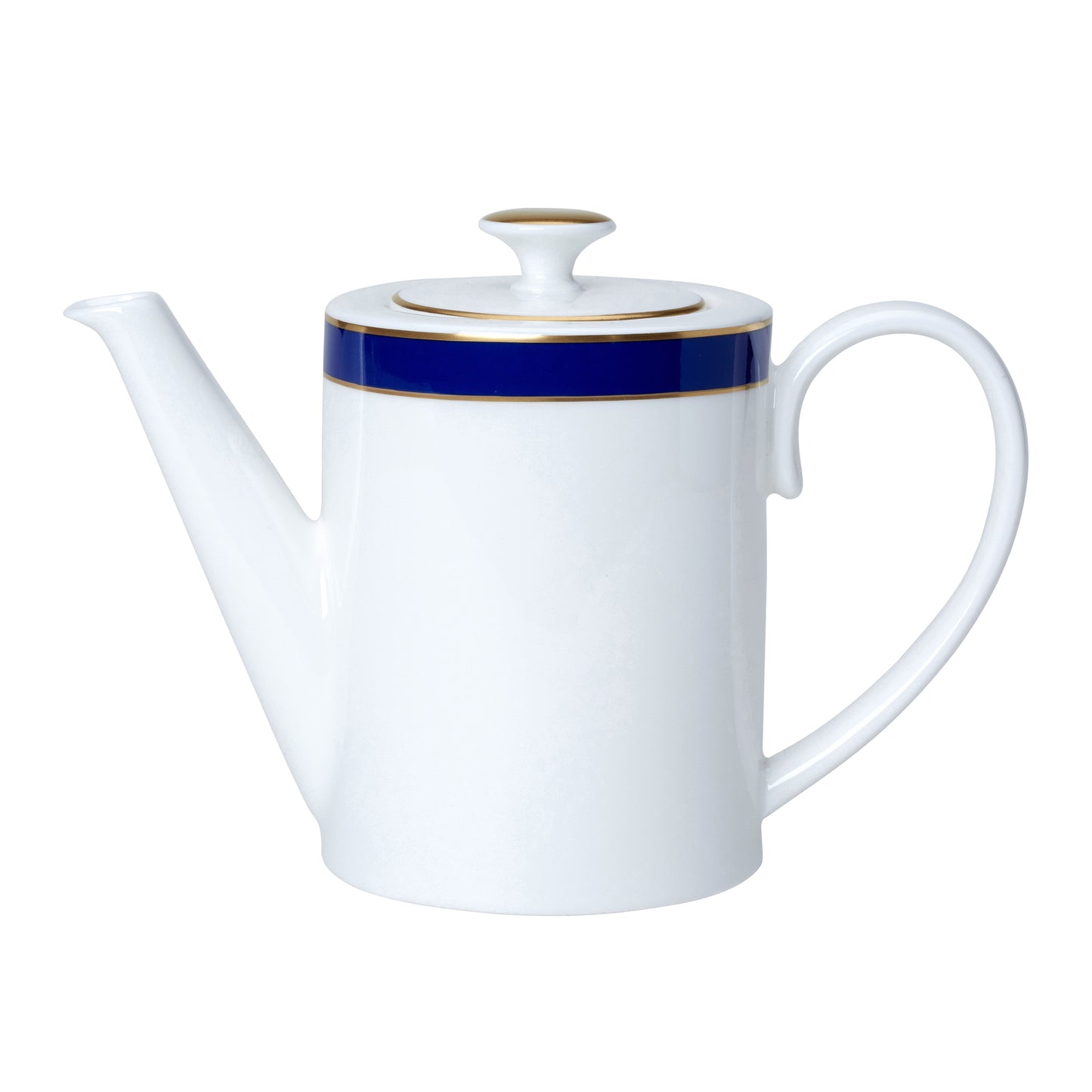 Weiße Teekanne mit blauem Rand.