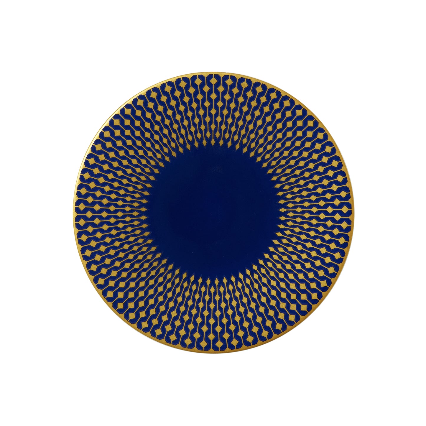 Blauer Teller mit goldenen Mustern.
