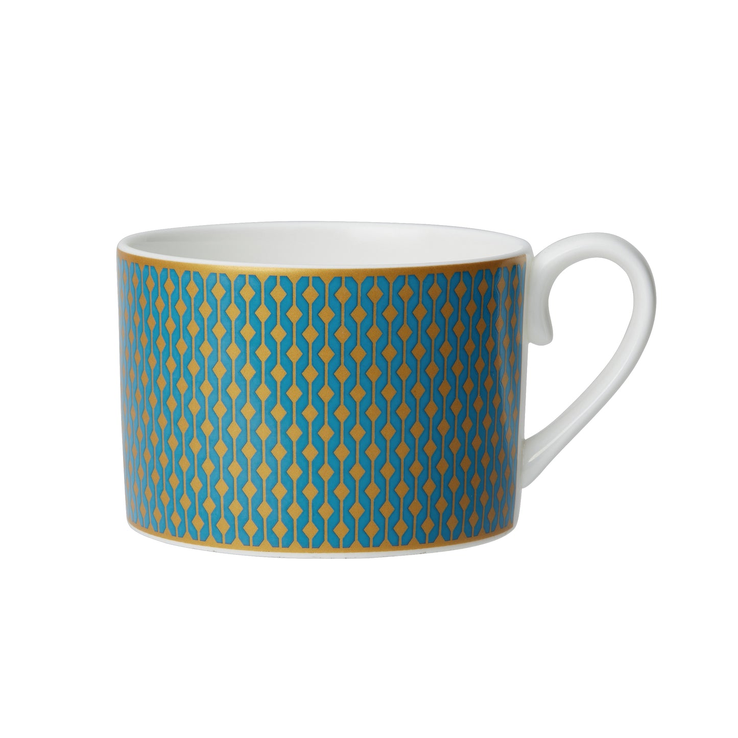 Tasse mit blau-goldenem Muster.