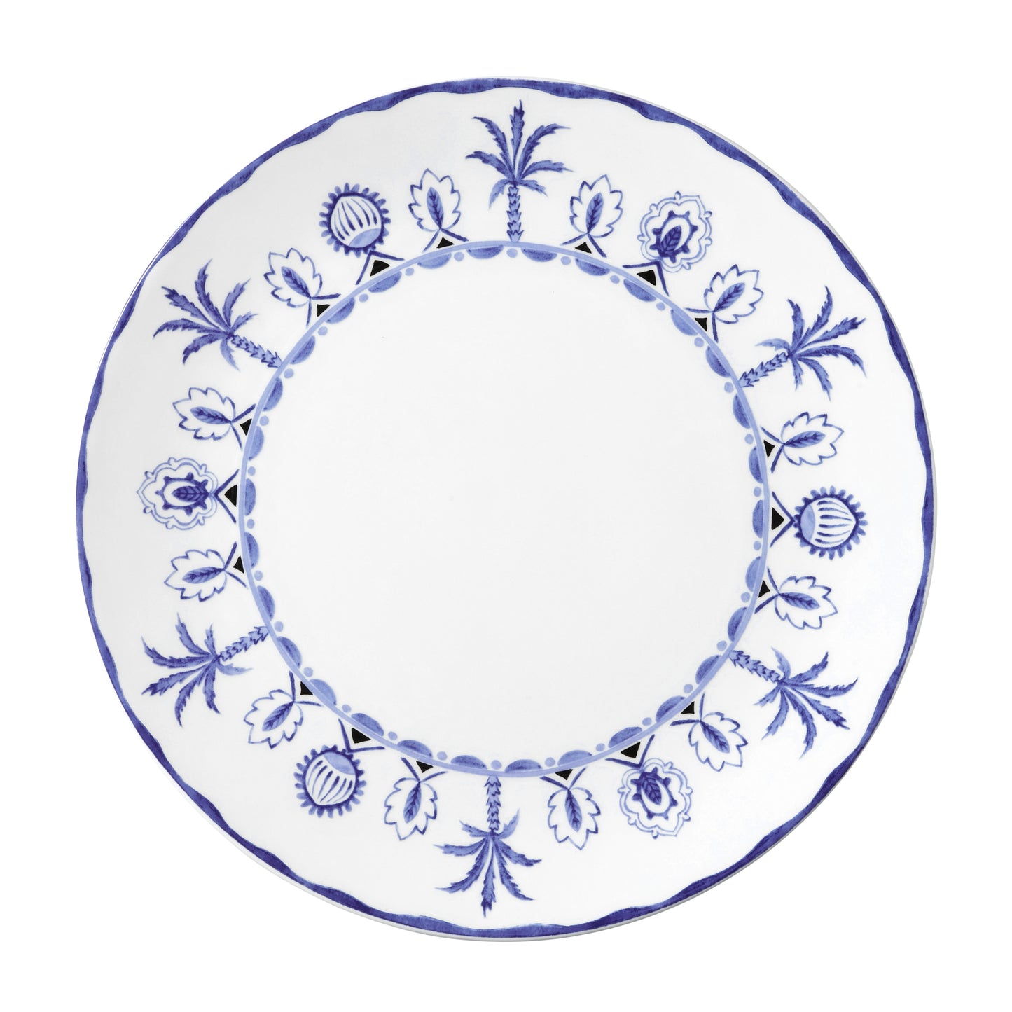 Weißer Teller mit blauem Muster.