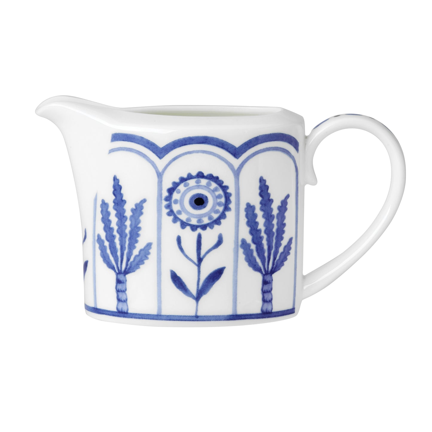 Weiße Kanne mit blauem Muster.