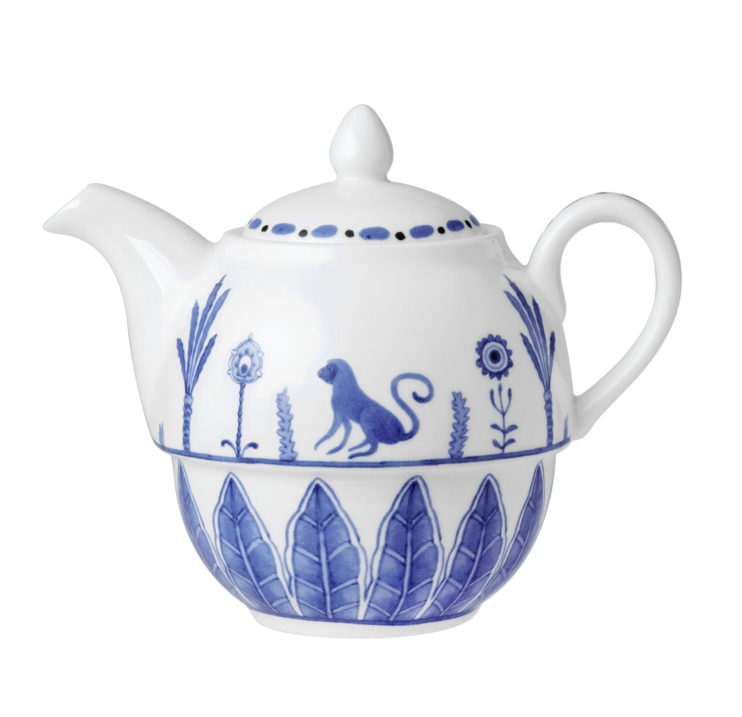 Weiße Teekanne mit blauem Muster.