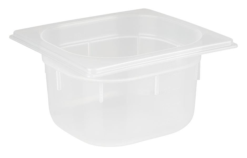 Transparenter GN-Behälter aus Kunststoff.