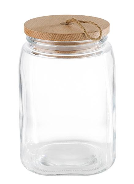 Glasbehälter mit Holzdeckel.