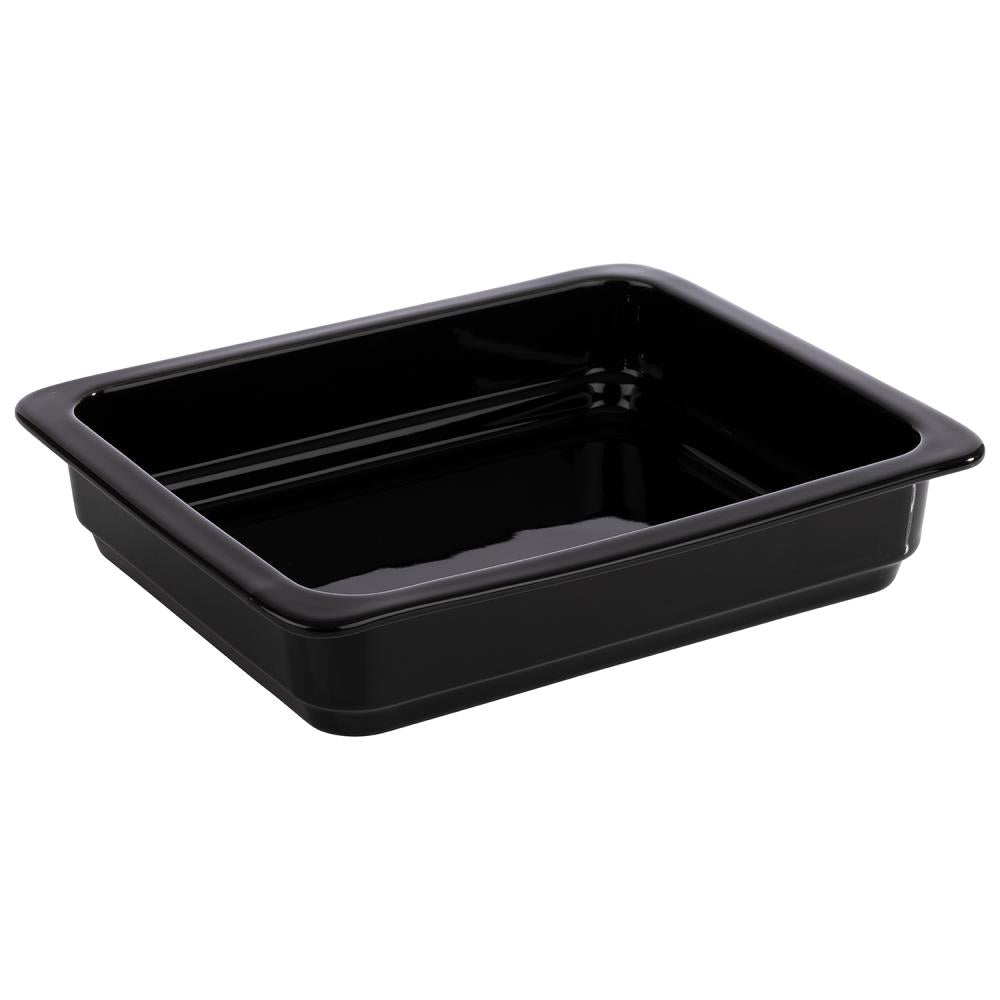 Schwarze GN-Behälter aus Kunststoff.