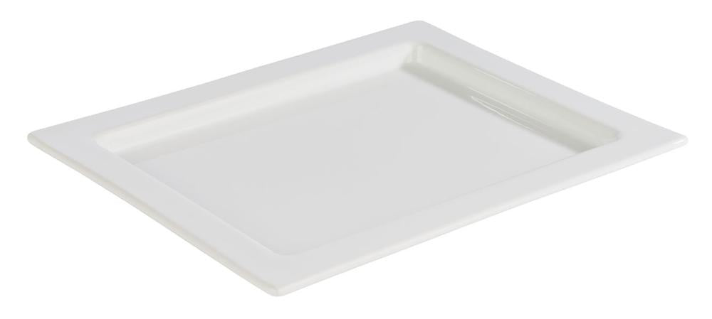 Rechteckige weiße Porzellanplatte.