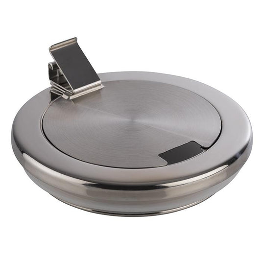 Runder Edelstahl-Aschenbecher mit Deckel.