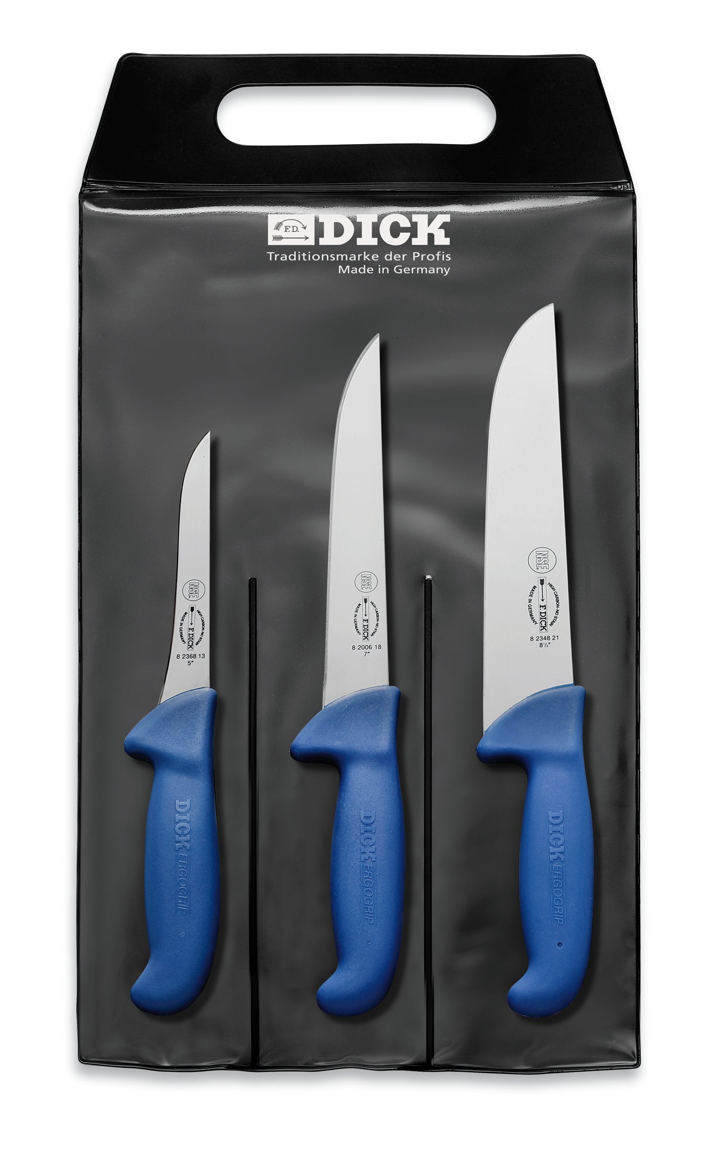 Drei Messer in schwarzer Verpackung.