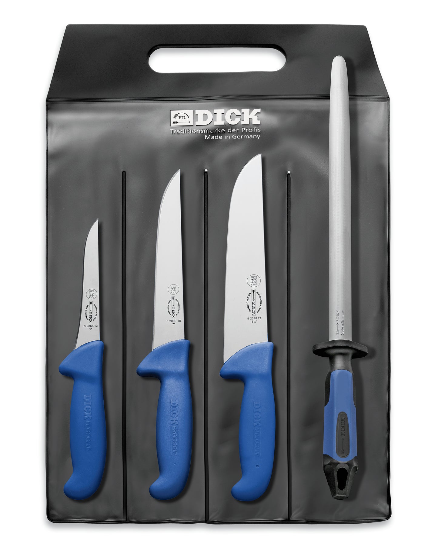 Messerset mit blauen Griffen.