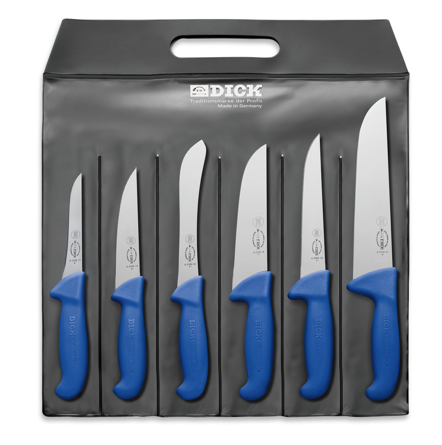 Messerset mit blauen Griffen.