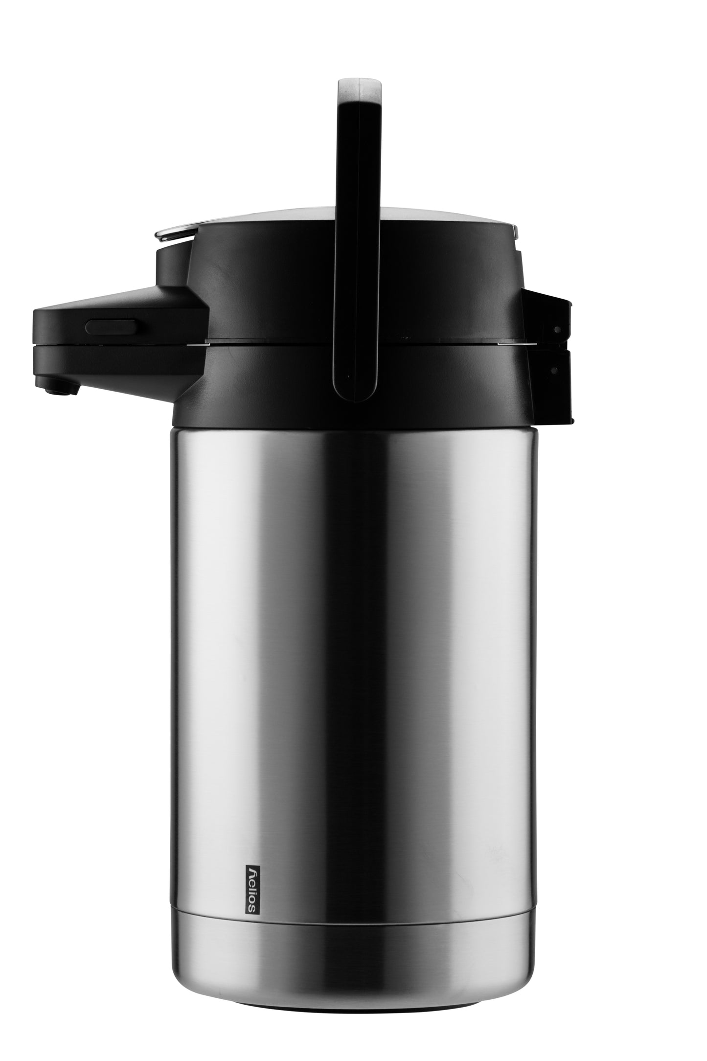 Thermoskanne aus Edelstahl mit Pumpmechanismus.