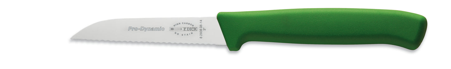 Grünes Messer mit Wellenschliff.