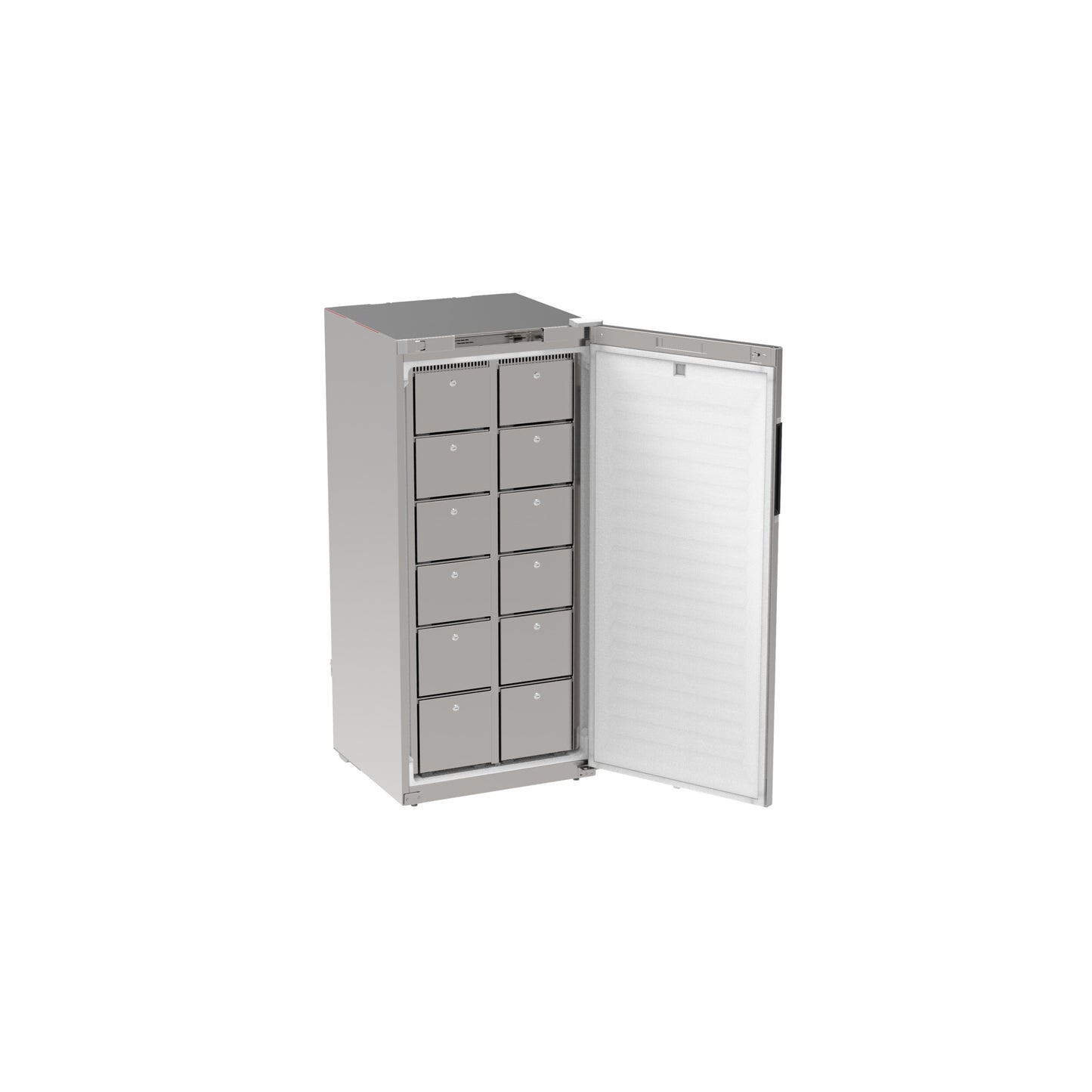 Offener Edelstahl-Kühlschrank mit Schubladen.