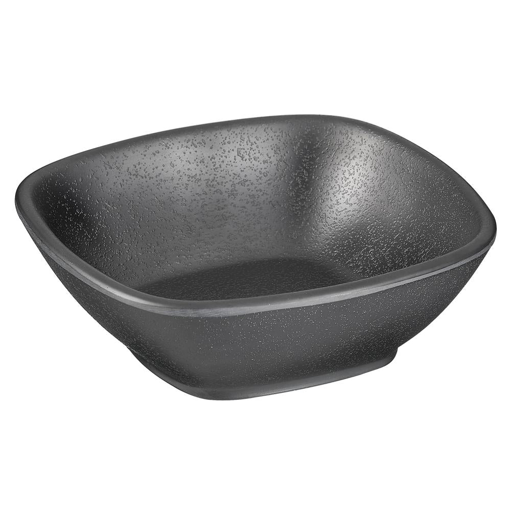 Schwarze, quadratische Schale, strukturiert.
